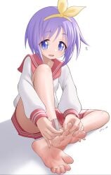 1girls bandana cute diadem feet foot_fetish j.c.14 lucky_star nail_clippers purple_hair sailor_collar sailor_uniform short_hair skirt soles solo solo_female toes tsukasa_hiiragi yellow_bandana yellow_bandanna
