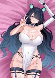 1girl 1girls animal_ears black_hair blue_eyes blue_hair breasts breedable_hips commentary covered_navel curvy dress english_commentary erina_makina female hair_over_one_eye highres hips huge_breasts large_breasts long_hair lying massive_breasts mechanical_arms multicolored_hair on_back phase_connect second-party_source see-through_cleavage see-through_clothes single_mechanical_arm solo streaked_hair the_only_shoe tiger_ears tiger_girl tits v virtual_youtuber vtuber white_dress wide_hips