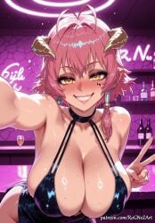 1girl 2026 ai_generated alcohol anime antenna_hair bangs bar_(place) bare_shoulders black_dress blush boobs bottle breasts choker cleavage collarbone covered_nipples crossover cup demon_girl demon_horns dress drinking_glass earrings eye_contact female female_focus flushed grin heart highres horns huge_breasts indoors inside jewelry kyonyuu_fantasy large_breasts looking_at_viewer mole nsfw patreon pink_hair pointy_ears reaching_towards_viewer rognezart selfie shamsiel shamsiel_shahar short_hair smile smiling solo sweat sweaty teeth v yellow_eyes