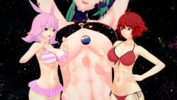 3d 3girls abs astronomical_hyper au_ra au_raimdelle bikini black_scales breasts fate/grand_order fate_(series) female female_only final_fantasy final_fantasy_xiv fire_emblem fire_emblem_fates giantess green_hair head_wings hildr_(fate) hinoka_(fire_emblem) hyper_giantess koikatsu muscular muscular_female nintendo oc original_character pink_hair planet red_hair space swimsuit valkyrie_(fate) xavierhuge