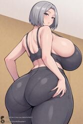 1female 1girl 1girls 2026 ai_generated artist_name ass ass_grab back bare_shoulders big_ass big_breasts blush bra breasts curvy from_behind grey_eyes grey_hair hi_res high_quality high_resolution highres huge_ass huge_breasts looking_at_viewer looking_back mature_female pants patreon patreon_username short_hair sideboob solo thick_thighs thighs underwear unjobdespiert video_game video_game_character video_games visual_novel watermark yoga_pants