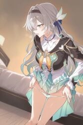 ai_generated black_suit black_suit_jacket gray_hair green_skirt grey_hair lifting_panties long_hair uniform uniform_female