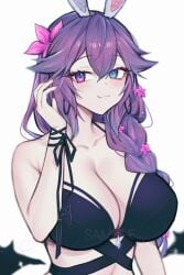 1girl 1girls animal_ears bikini black_bikini blue_eyes blue_hair braid braided_ponytail breasts cleavage cottontail_(vtuber) emucchi female flower gradient_hair hair_between_eyes hair_flower hair_ornament heterochromia highres indie_virtual_youtuber large_breasts long_hair looking_at_viewer massive_breasts multicolored_hair pale_skin pink_flower purple_eyes purple_hair rabbit_ears rabbit_girl smile solo swimsuit tits virtual_youtuber vtuber white_background