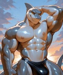 abs ai_generated anthro bara beach biceps gay hand_behind_head male male_only muscular muscular_body muscular_male nipples pecs shark smirk solo swimwear veins wet wet_body yellow_eyes