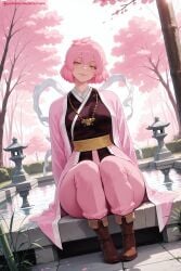 1girl ai_generated bangs boots breasts cherry_blossoms flower full_body hi_res high_quality high_resolution japanese_clothes jigokuraku katana kimono kiraamane looking_at_viewer patreon pink_hair pink_kimono sash seductive sexy sheath solo sword tao_fa tree uncensored watermark weapon