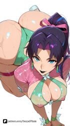 1girl ai_generated all_fours artist_name ass bangs blue_eyes breasts cleavage covered_nipples earrings hair_ribbon jewelry large_breasts lipstick long_hair looking_at_viewer makeup marvel marvel_comics marvel_rivals nipples parted_bangs patreon pink_ribbon ponytail psylocke psylocke_(marvel_rivals) psylocke_(sai)_(breezy_butterfly) psylocke_(sai)_(vengeance) purple_hair questionable ribbon see-through senpai_pixels sex_toy simple_background smile solo swimsuit wet wet_clothes white_background x-men
