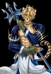 abs ai_generated anthro athletic athletic_anthro athletic_male black_background black_claws black_nose black_stripes blonde_bangs blonde_hair blue_clothing blue_eyes brown_fur brown_spots brown_stripes cheek_fur clawed_fingers claws clothed clothing expressionless expressionless_face fingerless_gloves fluffy_tail front_view furrification furry gloves gold_(metal) gold_necklace greek greek_clothes grey_claws handsome handsome_man holding_trident holding_weapon inner_ear_fluff jewelry looking_at_viewer male muscular muscular_anthro muscular_male muzzle neck_fur open_shirt pecs poseidon_(shuumatsu_no_valkyrie) shuumatsu_no_valkyrie solo spotted_fur standing striped_fur tail teeth trident wavy_hair weapon whisker_spots white_clothing yellow_clothing yellow_fur yellow_inner_ear