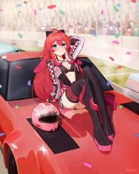 1girl 1girls berrycrepe black_bow black_bra black_thighhighs boots bow bra breasts car cleavage commentary dreizerel english_commentary female hair_between_eyes hair_bow hair_ornament helmet highres indie_virtual_youtuber jacket legs long_hair looking_at_viewer medium_breasts motor_vehicle on_car open_clothes open_jacket purple_eyes race_queen red_car red_hair sitting smile solo squid_girl tentacle_hair thigh_boots thighhighs thighs underwear unworn_headwear unworn_helmet virtual_youtuber vtuber x_hair_ornament