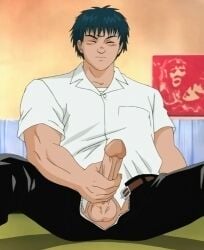 bedroom black_hair eyes_closed fully_clothed huge_balls huge_cock jerking_off keraku-no-oh:_king_of_pleasure male_only masturbating_to_porn muscular_male ryouichi_sashima scar_on_forehead school_uniform sitting_on_floor teenage_male