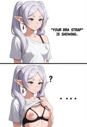 1girls ai_generated bra bra_strap_is_showing_(meme) english english_dialogue english_text flashing flashing_bra frieren frieren_beyond_journey's_end solo solo_female sousou_no_frieren tagme
