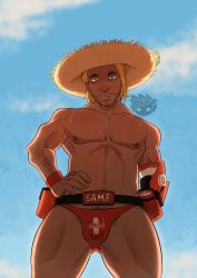 bulge bulge_through_clothing bulge_through_swimsuit bulge_through_underwear bulge_under_clothes cole_cassidy kleus_art lifeguard_cassidy male male_focus male_only overwatch solo solo_focus speedo speedo_only straw_hat underwear underwear_only