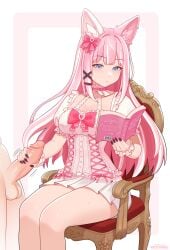 blue_eyes blush blushing bored bored_expression cat_ears cat_girl catgirl cleavage femdom handjob male/female pink_hair reading skirt thighs white_hair