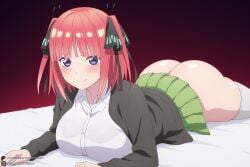 1female 1girl 1girls 2026 ai_generated artist_name ass bangs big_ass big_breasts black_cardigan black_ribbon blunt_bangs blush breasts butterfly_hair_ornament cardigan curvy female go-toubun_no_hanayome green_skirt hair_ornament hair_ribbon hi_res high_quality high_resolution highres huge_ass huge_breasts large_breasts looking_at_viewer lying nakano_nino nino_nakano no_panties on_stomach open_cardigan open_clothes patreon patreon_username pink_hair purple_eyes ribbon shirt short_hair skirt smile solo the_quintessential_quintuplets thick_thighs thighhighs thighs twintails unjobdespiert watermark white_shirt white_thighhighs