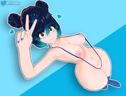 1girl 1girls bikini blue_bikini blue_nail_polish blue_sling_bikini blue_socks cyan_dyed_tips dark_blue_hair double_bun female female_focus female_only looking_at_viewer nail_polish nipples original_character peace_sign pitpanduh skimpy skimpy_bikini sling_bikini socks solo solo_female