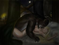 1boy 1boy1girl 1girls anthro bed blonde_hair bosmer breasts dovahkiin dragonborn elf elf_ears elf_female feline female fur furry hair human khajiit licking licking_neck lynx male male/female night nude painis18 sex skyrim straight sweat the_elder_scrolls tongue video_games wood_elf