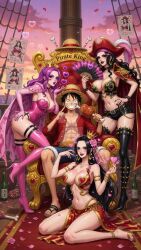 3girls ai_generated alvida big_breasts bimbo boa_hancock busty curvy curvy_female curvy_figure deviantart female fit_female harem hina hourglass_figure huge_breasts luffy male mature_female monkey_d_luffy multicolored_hair one_piece thick_thighs wide_hips