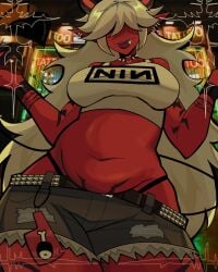 1girls accessory bangs_over_eyes belly belly_button belt big_breasts bigger_female bra_straps bracelets breasts choker clothed colorful_background cute cute_belly demon demon_girl demoness desdemona_(fortnite) dhalsk digital_drawing_(artwork) digital_media_(artwork) earrings elf_ears fangs fortnite hair_over_eyes heart_choker hip_dips horns larger_female lipstick long_hair looking_at_viewer looking_down nine_inch_nails patched_clothing patches pubic_tattoo real_world_location realistic_background red_horns red_skin shorts shrugging slightly_chubby slightly_chubby_female smile taller_female tattoo tattoo_parlor tattooed_arm tattoos thick thigh_tattoo thighs thong white_earrings white_hair white_shirt wide_hair wide_hips
