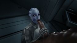 1boy 1girls 3d alien alien/human alien_girl alien_humanoid animated asari batarian bioware blender blender_(software) blue_skin dark-skinned_male dark_skin electronic_arts fellatio interspecies interspecies_sex liara_t'soni male/female mass_effect sound sucking_penis sucking_tip tagme video