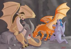 absurd_res animal_genitalia anthro anus arm_support arxur_(the_nature_of_predators) bent_over black_nipples black_penis blue_eyes blue_hair bodily_fluids breasts brick_(artist) brown_claws brown_hair brown_markings cave claws creamsicle_(thegreattaz) cum cum_drip dragon drejana_veditoa_(character) dripping dripping_penis dripping_vulva ejaculation facial_markings female feral from_behind_position from_front_position genital_fluids genital_slit genitals grey_body grey_claws grey_face grey_horn grey_scales grey_spines grey_tail group hair hands_on_hips head_markings herm hi_res holding_wing horn intersex intersex/female intersex/male kneeling leaking_cum leaning_on_another leaning_on_elbow leaning_on_rock lying male male/female male/male markings missionary_position mounting mythological_creature mythological_scalie mythology nipples on_back orange_body orange_ears orange_face orange_horn orange_pattern orange_paws orange_penis orange_scales orange_slit orange_spines orange_tail orange_wings orgasm penetration penile penile_penetration penis penis_in_vagina pink_hair pink_mouth pink_tongue red_eyes red_mouth red_penis rock rock_wall scales scalie sex shaking shaking_orgasm skais_(skais) standing stone_floor tail tan_body tan_ears tan_face tan_paws tan_scales tan_tail tan_wings teeth telif the_nature_of_predators tongue vaginal vaginal_penetration wings yellow_eyes