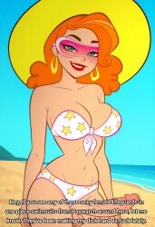 1futa 1girls ai_generated balls baywatch_(franchise) beach big_breasts big_penis bikini bikini_bottom_aside caption cartoon_network curly_hair erection futanari green_eyes hat horny horny_futa looking_at_viewer looney_tunes orange_hair penis smile starlett_johansson sunglasses talking_to_viewer testicles text the_looney_tunes_show warner_bros warner_brothers