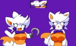 :d adorable anthro anthrofied big_breasts caramelpearl_(artist) cute five_nights_at_freddy's five_nights_at_frickbears five_nights_at_frickbears_3 fnaf fox fox_ears fox_girl fox_tail lolbit_(fnaf) lolbit_(frickbears) orange_breasts orange_fur orange_tail orange_tongue purple_bowtie simple_background solo tagme white_fur white_pupils