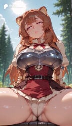 1girl 1girls absurd_res absurdres ai_generated animal_ear_fluff animal_ears armor ass ass_visible_through_thighs belt big_ass big_breasts blue_sky blunt_bangs blurred_background blurry blurry_background blush breastplate breasts brown_hair cameltoe cartoon cartoony closed_mouth cloud day depth_of_field female female_focus forest frills from_below half_closed_eyes hi_res high_quality high_resolution highres large_ass large_breasts lips long_hair long_sleeves looking_to_the_side nature odexai outdoors panties pantyshot parted_lips pink_eyes purple_eyes raccoon_ears raccoon_girl raccoon_tail raphtalia sidelocks sitting skirt sky small_waist smile solo solo_focus spread_legs straight sun sunlight tate_no_yuusha_no_nariagari the_rising_of_the_shield_hero thick_thighs thighs thin_waist tree underwear upskirt very_long_hair white_panties wide_hips