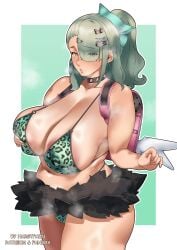1girls absurd_res aged_up angels_of_delusion areola_slip areolae backpack big_breasts bikini bikini_bottom bikini_top black_skirt bottomwear breasts cleavage clothing eye_visible_through_hair female female_only green_eyes hair hair_ornament hair_over_one_eye hairclip hand_on_breast harstfazn highres huge_breasts leopard_print leopard_print_bikini mature mature_female mature_woman milf miniskirt neckwear nipple_bulge parted_lips ponytail short_skirt skirt solo solo_female steam steaming_body steamy sunna_(zenless_zone_zero) swimsuit swimwear teal_hair thighs tied_hair topwear zenless_zone_zero