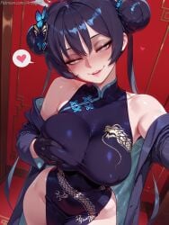 kisaki_(blue_archive) blue_archive black_hair butterfly_hair_ornament hair_bun hair_ornament long_hair grey_eyes chinese_clothes dragon_print dress big_breasts large_breasts 1girl thick_thighs perfect_legs blush arzagod ai_generated tagme grabbing_own_breast