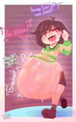 asriel asriel_dreemurr belly_bulge big_belly camigz chara chara_(undertale) dialogue female_chara female_pred human_pred implied_digestion imprints male_prey playing_dumb same_size_vore smug_pred soft_vore stomach_noises sweat uncaring_pred undertale vore vore_belly