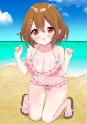 1girl alternate_breast_size_(larger) beach bikini blue_sky breasts brown_eyes brown_hair cleavage cloud commentary_request day flip-flops frilled_bikini frills full_body highres hiiragisensei hirasawa_yui horizon k-on! kneeling large_breasts leaning_forward ocean outdoors pink_bikini sandals short_hair sky solo swimsuit w_arms