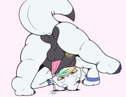 anthro anus backsack balls bandai_namco belly bodily_fluids butt digimon digimon_(species) erection gammamon genital_fluids genitals looking_through looking_through_legs male mrpandragon penis perineum precum presenting presenting_anus scalie slightly_chubby solo spread_legs spreading white_body