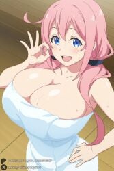 sakura_ino ochikobore_fruit_tart unjobdespiert ai_generated 1female looking_at_viewer curvy huge_breasts huge_ass big_breasts big_ass 1girls breasts 2026 artist_name watermark hi_res highres high_quality high_resolution patreon_username patreon 1girl solo pink_hair blue_eyes towel cleavage open_mouth hand_on_hip naked_towel smile long_hair scrunchie collarbone ok_sign blush :d hair_scrunchie twintails wooden_floor hair_ornament teeth bangs