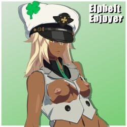 1girls barefoot breasts dark-skinned_female dark_skin elphelt_enjoyer erect_nipples four-leaf_clover guilty_gear guilty_gear_strive har long_hair platinum_blonde_hair ramlethal_valentine small_breasts solo