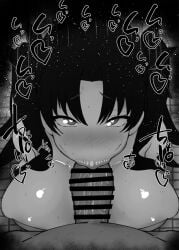 1boy 1girls :>= big_penis black_and_white black_hair blush bodysuit breasts censored dark-skinned_male dark_skin deepthroat_mark detailed_background drooling eyelashes fate/grand_order fate_(series) fellatio female fringe hands-free headgear heart human indoor indoors interracial ishtar_(fate) kurotama long_hair looking_down male male_pov oral oral_sex penis pov room saliva saliva_trail shiny shiny_skin sketch sound_effects space_ishtar_(fate) squatting sweat teenager text toilet twintails vein veins veiny veiny_penis heart-shaped_pupils