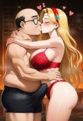 ai_generated big_ass big_breasts blonde_hair cygnus_(maplestory) erection fat_male hairband hugging incel kissing lingerie love making_out maplestory older_male_and_younger_female smooch ugly_bastard ugly_man