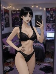 addams_family ai_generated big_ass black_underwear iphone jenna_ortega lace_underwear medium_breasts medium_hips picture_taking teenager the_addams_family wednesday_addams