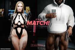 1boy 1boy1girl 1girls 3d 3dx ass big_breasts big_penis brown_hair color curvy curvy_figure cybernetics cyberpunk_2077 dark-skinned_male dark_skin earrings emma_(sadocrimson3d) gun huge_ass huge_breasts huge_cock huge_penis imminent_sex interracial light-skinned_female light_skin penis penis_out phone pistol qos qos_tattoo qr_code queen_of_spades queen_of_spades_tattoo sadocrimson3d selfie thick_legs thick_thighs thighs thug tinder_(app)