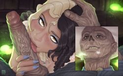 aprax_valith ghoul fallout fallout_(series) fallout_(tv_series) cooper_howard 1boy1girl al_(lipstickghoulie) oral oral_sex tonguejob tongue tongue_out tongue_out_blowjob licking licking_penis pov cock huge_cock big_penis penis veiny_penis saliva pov_male pov_crotch pov_blowjob blowjob_only blowjob blowjob_face eye_contact variant_set variant