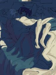 1boy 1boy1girl 1girls bed bed_sheet bedroom black_hair blonde_hair breasts canon_couple chin_piercing color completely_nude dyed_hair eyebrows_visible_through_hair green_highlights hakari_kinji highres hoshi_kirara in_bed jujutsu_kaisen kirarafan4 lighting long_hair looking_at_another lying lying_on_back lying_on_bed lying_on_side muscular muscular_male pillow_grab purple_eyes romantic romantic_couple smile star_pupils straight trans_woman under_covers unseen_male_face