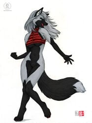 2013 4_toes anthro bottomless breasts canine claws clothed clothes digitigrade female fox fur furry hair half-dressed hindpaw kacey open_mouth paws plain_background pussy recolor shirt silver_fox sketch skimpy solo standing toes underboob white_background