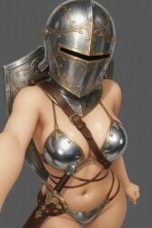 1girl ai_generated bikini bikini_armor armor armored_female sexy_body sexy_female navel navel_piercing big_breasts big_butt big_ass big_tits tits breasts boobs metallic sword shield helmet white_body white_skin looking_at_viewer leather wallpaper suggestive_pose suggestive_look suggestive slutty_female knight knight_armor paizuri