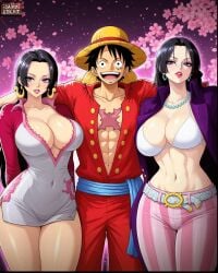 monkey_d_luffy boa_hancock luffy alvida one_piece ai_generated big_breasts busty curvy curvy_female curvy_body curvy_figure wide_hips thick_thighs male female male/female/female 2girls mature_female milf black_hair earrings lipstick deviantart