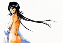 1girls 2d 2d_(artwork) accurate_art_style accurate_body_type ai_generated arms_at_sides ass ass_focus back back_view bare_arms bare_back bare_shoulders black_hair bleach bleach:_the_thousand-year_blood_war bottomless butt cel_shading completely_nude completely_nude_female dimples_of_venus female female_focus female_only flowing_hair from_behind full_color gnomro hair_between_eyes hair_over_shoulder head_turned highres kimono kuchiki_rukia light-skinned_female light_skin line_art long_hair looking_at_viewer looking_back looking_over_shoulder manga_style mature_female median_furrow milf naked naked_female naked_sheet narrow_waist narrowed_eyes no_bra nude nude_female official_style out-of-frame_censoring parted_lips petite portrait purple_eyes robe round_ass shinigami shiny_hair shiny_skin simple_background skinny slender_waist slight_smile slim_waist smooth_skin solo solo_focus standing three-quarter_view tite_kubo_style topless undressing v-shaped_eyebrows very_long_hair waist white_background