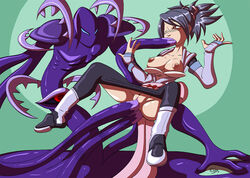 anal black_hair blush bra bra_down breasts brown_eyes clothing dahs double_penetration elbow_gloves female fingerless_gloves gloves hair_ribbon human japanese_clothes nipples one_eye_closed open_clothes open_shirt oral pants_down penetration purple_hair pussy rape sash shadow sheena_fujibayashi shirt spread_legs suspended_via_tentacles tales_of_(series) tales_of_symphonia tentacle tentacle_in_ass tentacle_in_mouth tentacle_in_pussy tentacle_rape thighhighs tied_hair torn_clothes triple_penetration vaginal_penetration