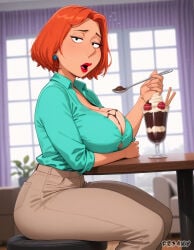 lois_griffin family_guy milf mature_female short_hair orange_hair huge_breasts bursting_breasts button_gap cleavage ai_generated fr34ky