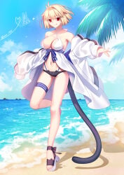 huge_breasts aro_1801 fate/grand_order fate_(series) tsukihime tsukihime_(remake) arcueid_brunestud commentary highres 1girl bare_shoulders beach bikini black_bikini blonde_hair breasts closed_mouth jacket medium_breasts ocean off_shoulder palm_tree red_eyes sand short_hair signature solo standing swimsuit tongue tongue_out tree walking white_bikini white_jacket
