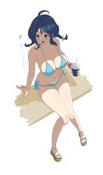 1girls busty big_breasts female female_only voluptuous alternate_hairstyle bikini blue_bikini blue_eyes blue_hair braid breasts cleavage drink feet from_above highres japanese_text large_breasts legs looking_at_viewer make_heroine_ga_oo_sugiru! medium_hair navel open_mouth sideboob sitting smile solo swimsuit teeth thighs tongue translated twin_braids yanami_anna