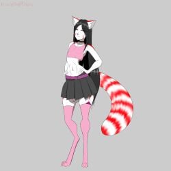 kawaiiredpandas tagme smug smug_face original_character big_balls skirt femboy furry red_panda anthro digitigrade digitigrade_legs digital_media_(artwork) digital_drawing_(artwork) face_markings tail tail_markings ballsack balls_peek belt condom condom_wrapper flat_chest flat_stomach hands_on_hips tank_top red_eyes black_hair hung_trap hung_femboy fang snout black_nose choker_collar pink_socks tufted_ears pointy_ears long_hair watermark smug_grin smug_eyes eyeshadow eyelashes pale_skin solo solo_focus solo_male male_only 1male wasp_waist slim_waist barely_visible_genitalia bare_midriff belly_button trap smirk smirking half-closed_eyes satisfied_look