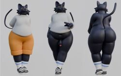 3d big_butt black_fur bottomless butt clothing genitals looking_at_viewer multiple_poses nude overweight overweight_anthro overweight_male penis pupils sesame_bun shoes shoes_only socks tail thick_thighs white_background white_socks yellow_eyes