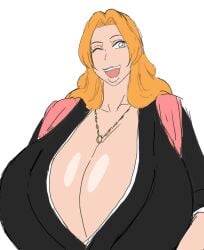 momiji_(artist) matsumoto_rangiku bleach big_breasts large_breasts breasts breasts_bigger_than_head alternate_breast_size smile smiling white_background solo solo_focus solo_female orange_hair orange_hair_female female female_only female_focus woman woman_only upper_body upper_body_focus long_hair long_hair_female robe black_robe wink winking winking_at_viewer necklace chain_necklace beauty_mark beauty_mark_under_mouth open_mouth